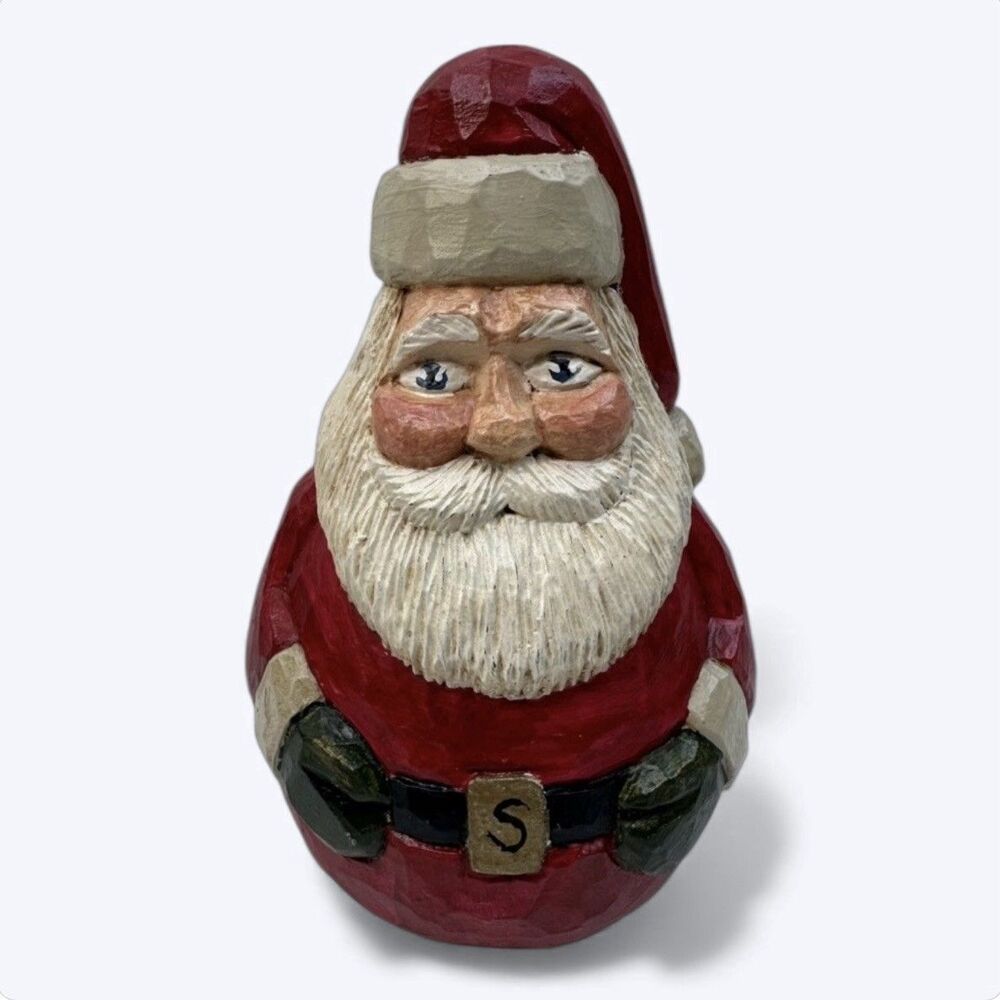 2 Sided Roly Poly Santa Figurine 5.5" Carved‎ Wood Look Signed Christmas Holiday